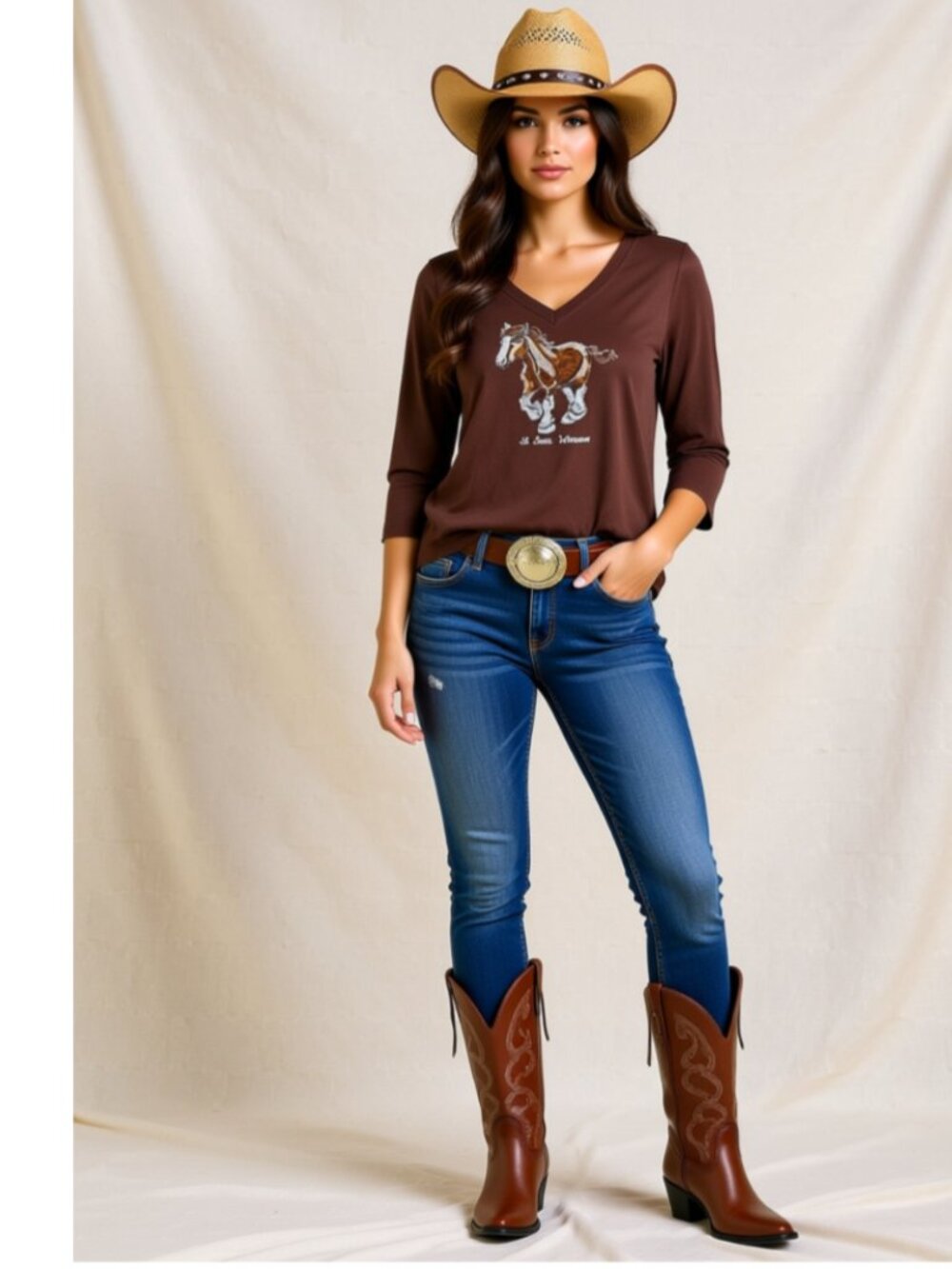 Kavio women's brown 3/4 sleeve shirt, size large (F4)